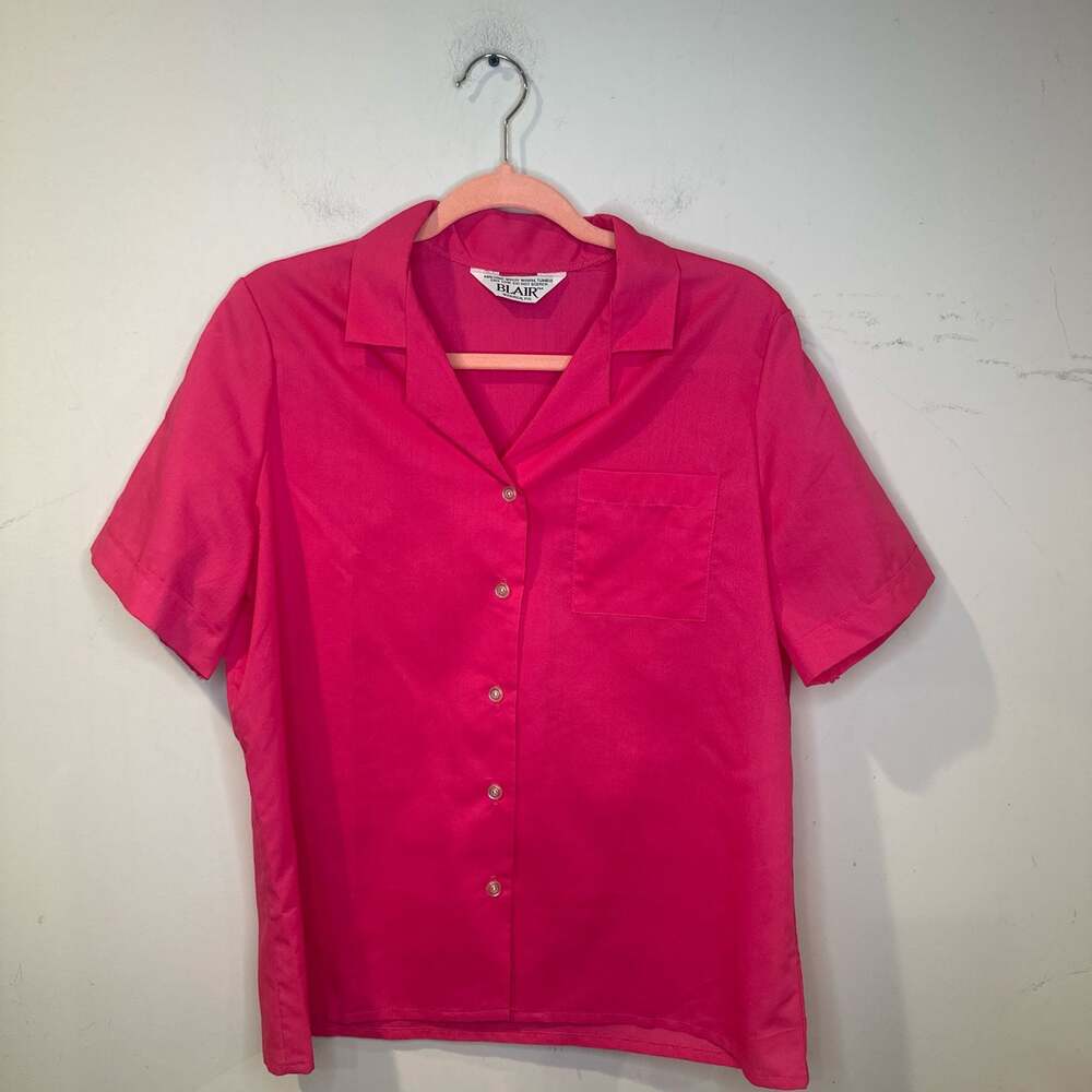 Blair Vintage 80s Hot Pink Fuschia Short Sleeve Button-Front‎ Shirt Blouse LARGE